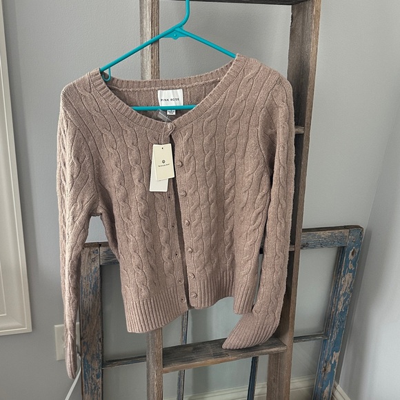 Pink Rose Sweaters - Pink rose Cable Knit Button-Up Sweater - Brown